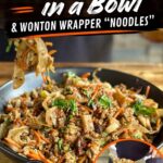 two image collage with a bowl of dumpling stir fry mixture with ground pork, vegetables, and wonton noodles and a photo of cooking dumpling in a bowl stir fry on a Blackstone griddle