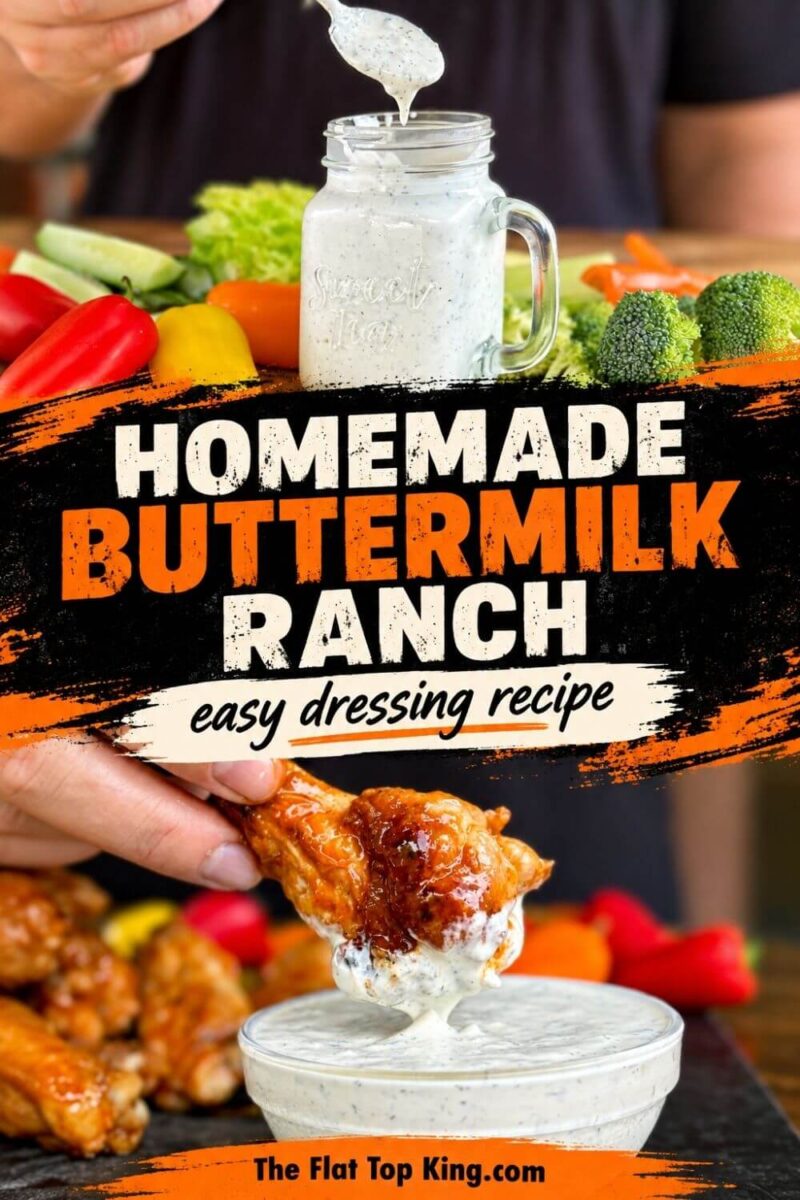 Two-photo collage featuring homemade buttermilk ranch in a mason jar and a chicken wing dipped in ranch, with text reading “Homemade Buttermilk Ranch—easy dressing recipe.”