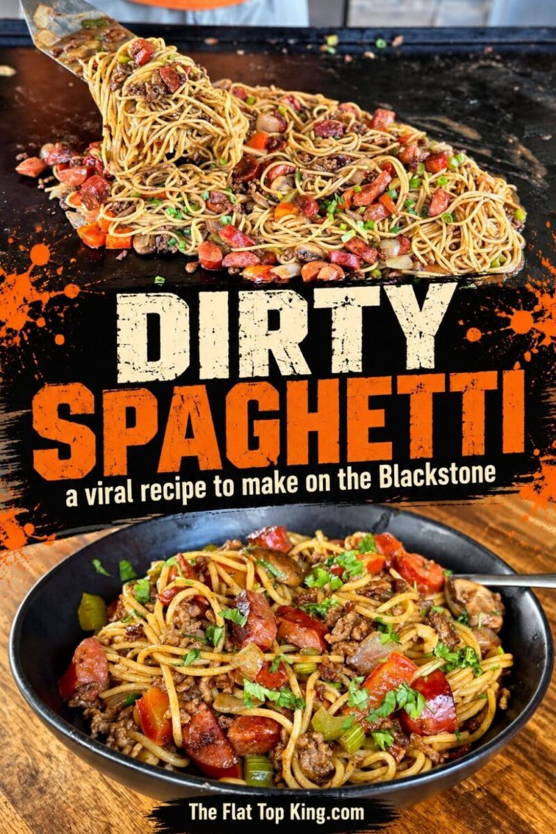 Collage showing Dirty Spaghetti cooking on a Blackstone griddle and served in a black bowl, with text reading “Dirty Spaghetti—a viral recipe to make on the Blackstone.”