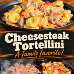 two panel collage with a photo of cheesesteak tortellini on a plate and cooking sliced steak and chopped vegetables on a griddle