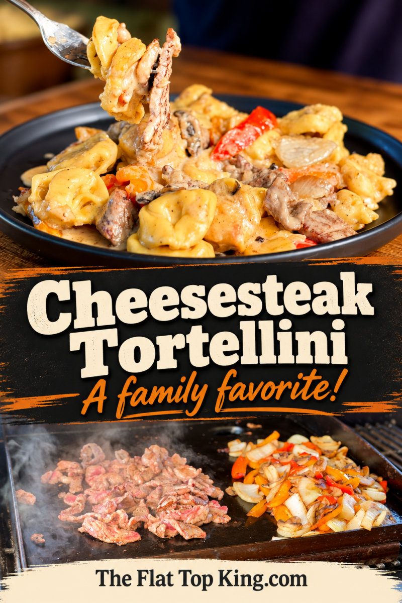 two panel collage with a photo of cheesesteak tortellini on a plate and cooking sliced steak and chopped vegetables on a griddle