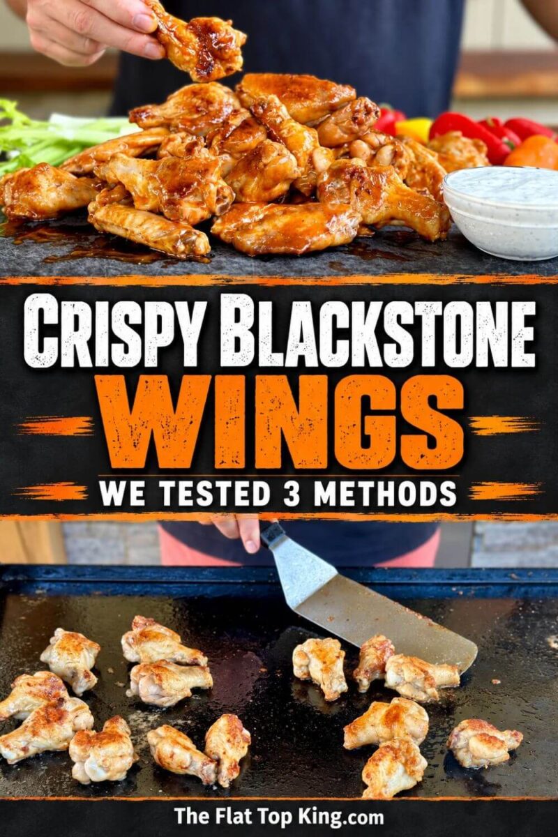 two image collage with a photo of crispy buffalo chicken wings with ranch dressing and an image of cooking chicken wings on a Blackstone griddle