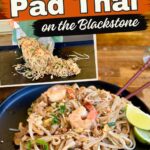 collage with a photo of cooking pad thai on a Blackstone griddle and a bowl of shrimp pad thai